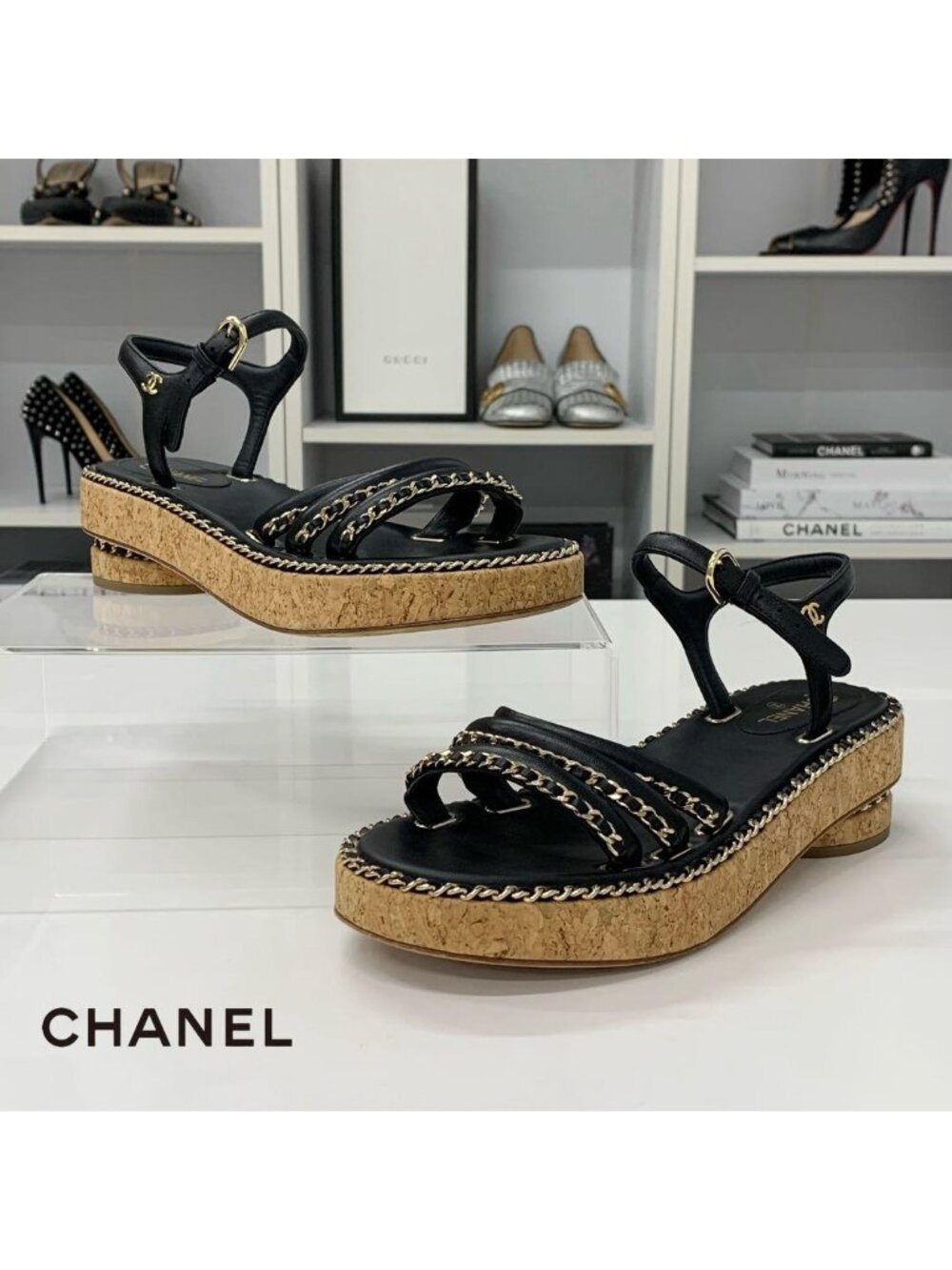 Chanel Leather Cork CC Logo Chain Strap Sandals Black